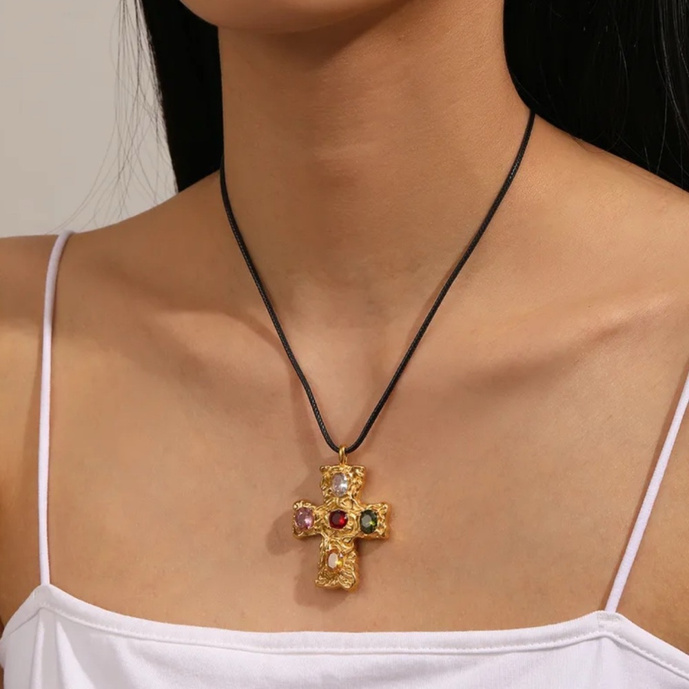 Vintage Style Gold Multicolor Stone Cross Pendant Necklace